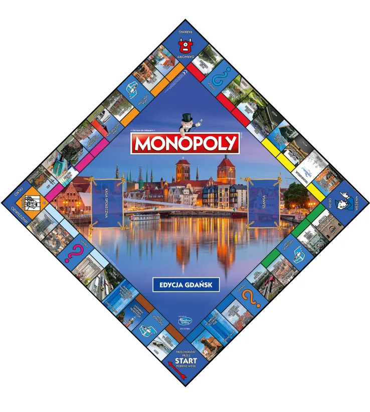 Gra planszowa Monopoly z krajobrazem miejskim Gdańska w Polsce. Plansza ma kształt rombu z różnymi polami własności i elementami gry.