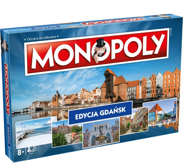 Pudełko Monopoly Gdańsk. Zawiera logo Monopoly, panoramę Gdańska i zdjęcia różnych zabytków Gdańska.