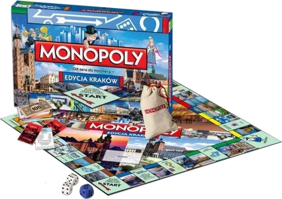 Zestaw gry planszowej Monopoly, z planszą, pudełkiem, kośćmi i pieniędzmi. Gra to edycja Krakowa, z lokalnymi zabytkami.