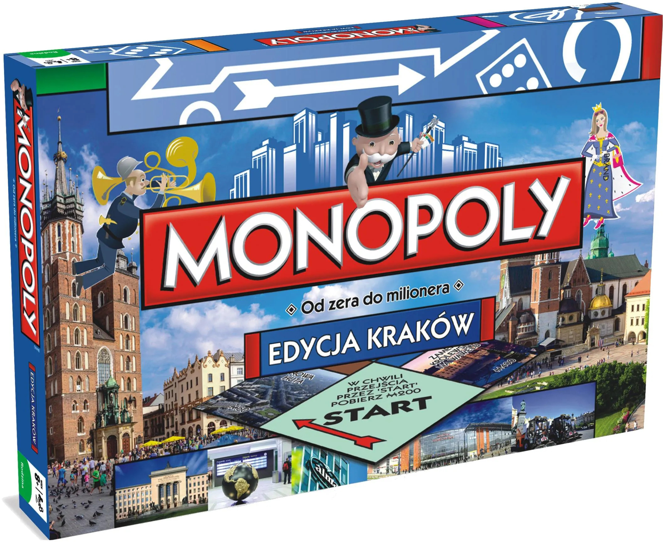 Pudełko gry planszowej Monopoly, edycja Krakowska. Zawiera postacie Monopoly, obrazy miasta i tekst w języku polskim.