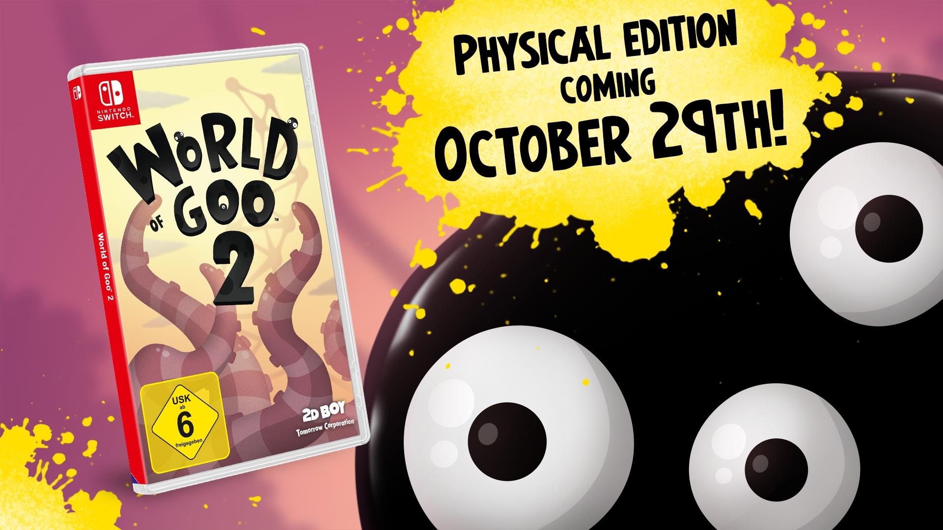 Spielcover für World of Goo 2 auf Nintendo Switch. Zeigt das Spiellogo und einen schwarzen Klecks mit drei weißen Augen.