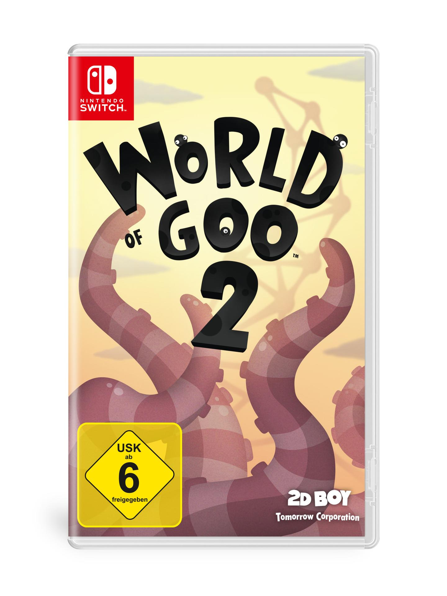 Nintendo Switch Spielbox für World of Goo 2. Enthält den Titel des Spiels mit cartoonartigen Tentakeln und einer USK-Einstufung von 6.