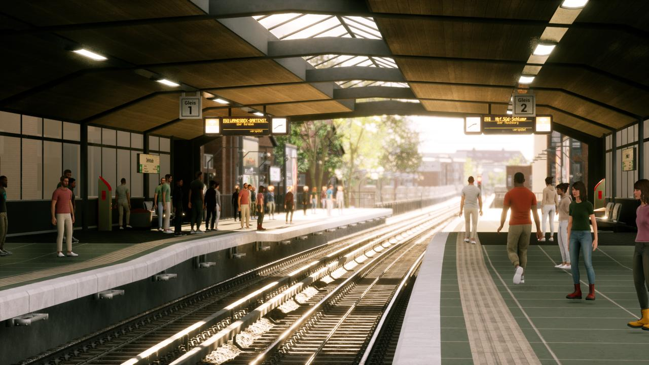 Ein Bahnsteig mit wartenden Menschen. Gleise verlaufen entlang des Bahnsteigs. Schilder und Lichter sind über Kopf.