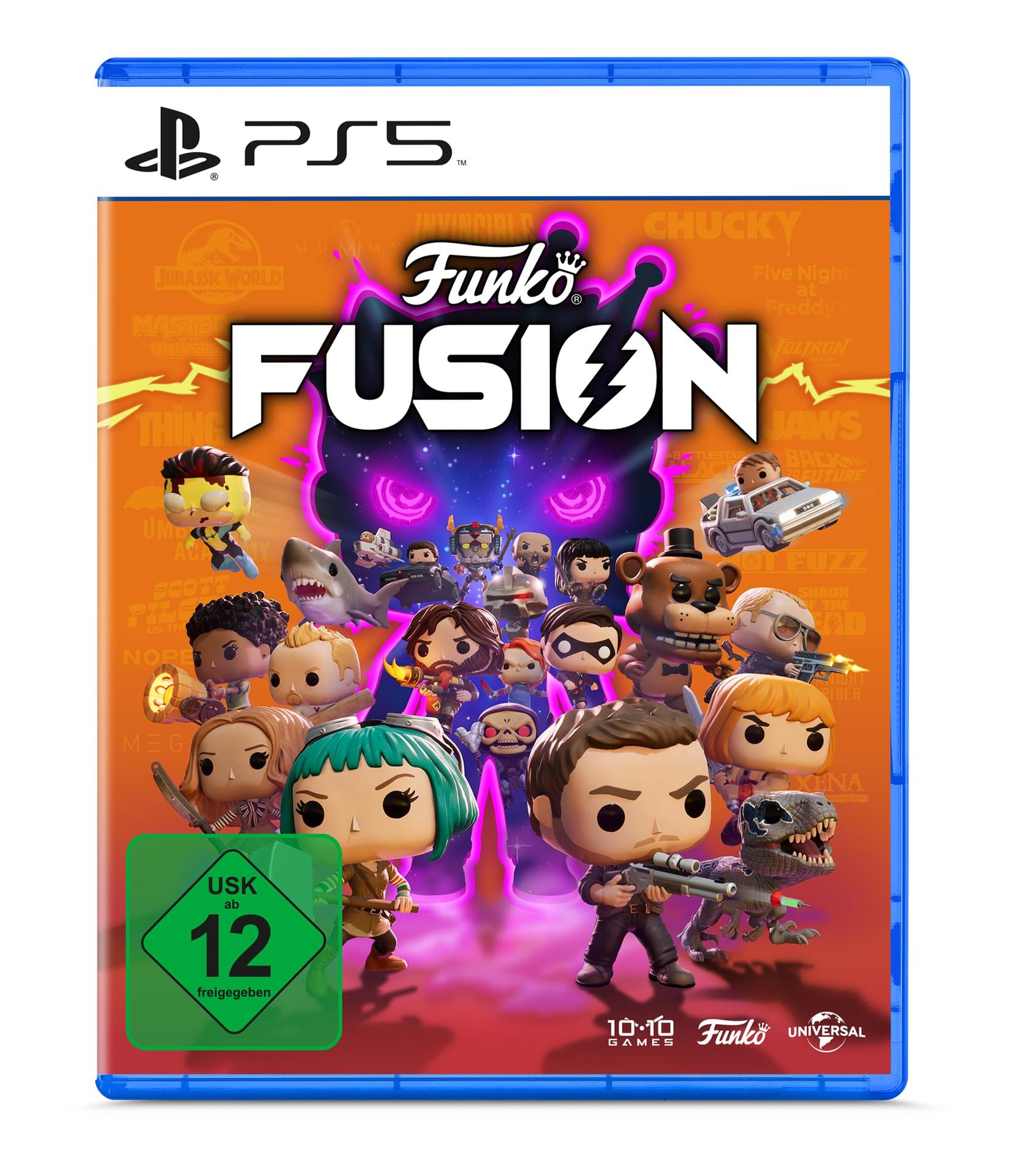Funko Fusion Spielcover. Zeigt verschiedene Pop-Figuren aus Filmen und Shows mit dem Spieltitel prominent dargestellt.