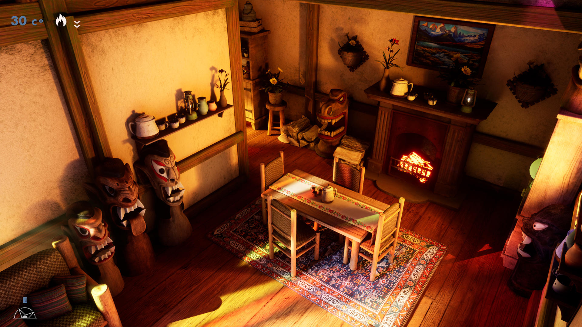 Gemütliches Zimmer mit Kamin, Holzmasken, Esstisch und Teppich. Feuer brennt. Warme Beleuchtung. Detaillierte Innenausstattung mit verschiedenen Objekten.