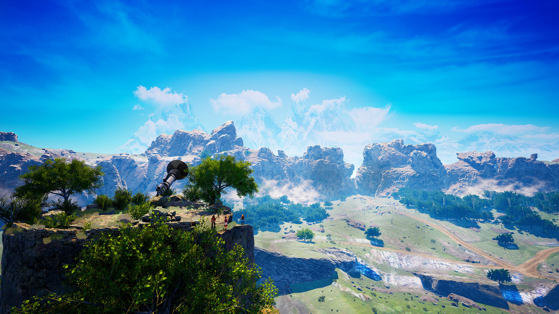 Eine malerische Landschaft mit Bergen, tiefblauem Himmel und grünen Tälern. Auf den Klippen gibt es Bäume und Menschen. Teleskop auf der Klippe.