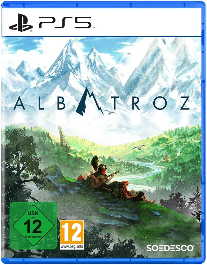 Spielcover von Albtroz. Berge, Bäume, Fluss und drei Personen befinden sich auf dem Cover. PS5-Logo oben. Pegi 12 und USK 12.