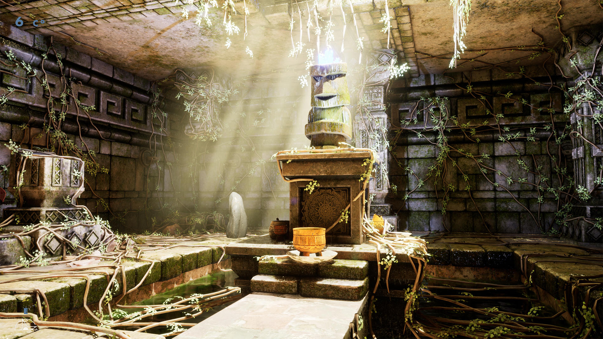 In einem alten Tempel. Eine steinerne Statue mit leuchtender Spitze steht auf einem Sockel. Ranken und Lichtstrahlen füllen den Raum.