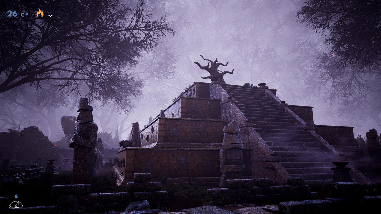 Eine steinerne Pyramide steht in einem nebligen Wald. Statuen und Bäume umgeben das Bauwerk. Der Himmel ist bedeckt und die Szene ist dunkel.