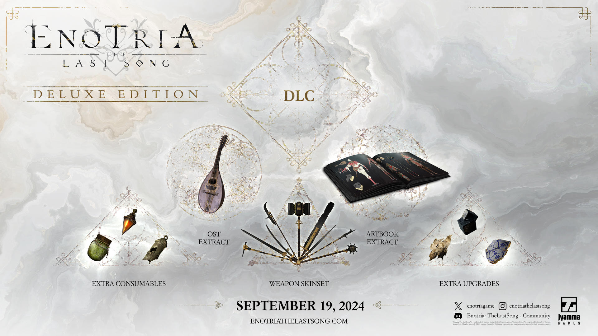 Werbebild für 'Enotria: The Last Song' Deluxe Edition. Enthält Spielgegenstände: DLC, Artbook, Waffen-Skinset und Verbrauchsmaterialien.