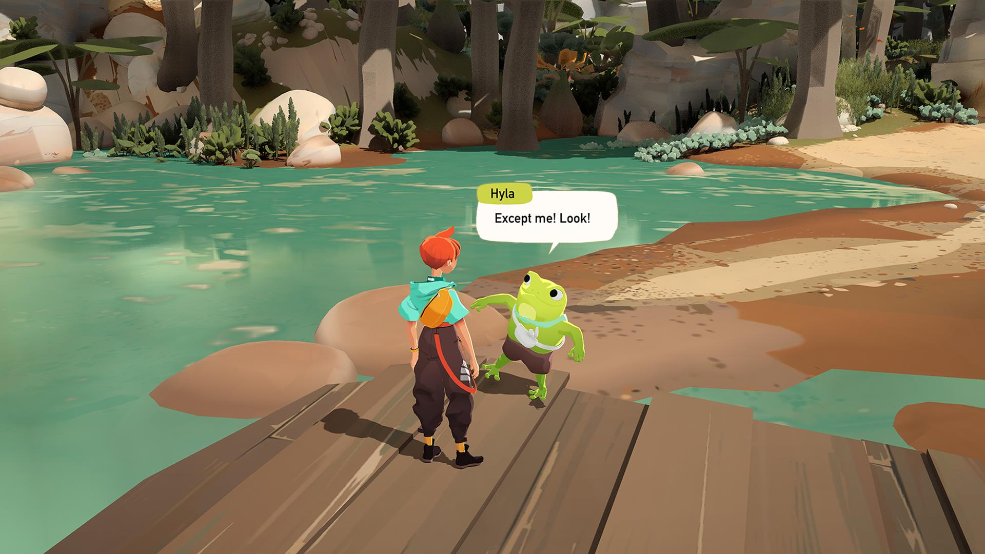 Eine Person steht auf einem Steg und blickt auf einen Frosch. Der Frosch lächelt und gestikuliert, mit einer Sprechblase über ihm.