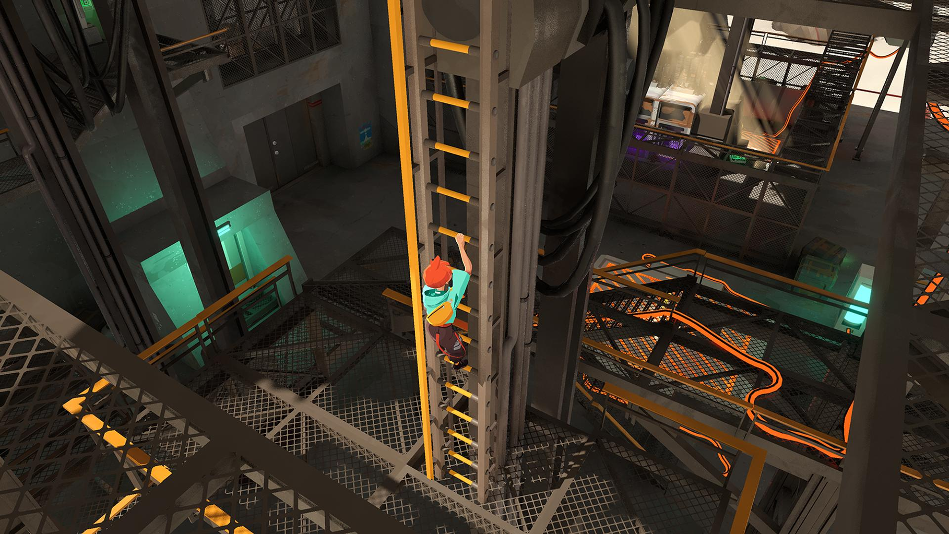 Eine Person klettert eine gelbe Leiter in einem dunklen Industriegebäude. Orangefarbene Rohre und Metallplattformen sind sichtbar. Die Szene ist aus einem hohen Winkel.