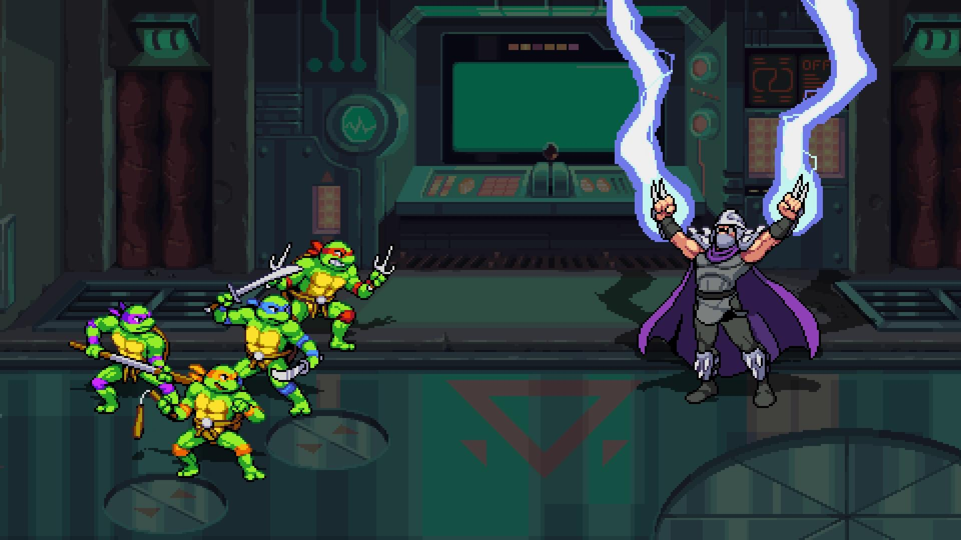 TMNT gegen Shredder. Schildkröten in Aktion, Waffen gezogen, stehen Shredder gegenüber, der Blitze in einem Technikraum beschwört.