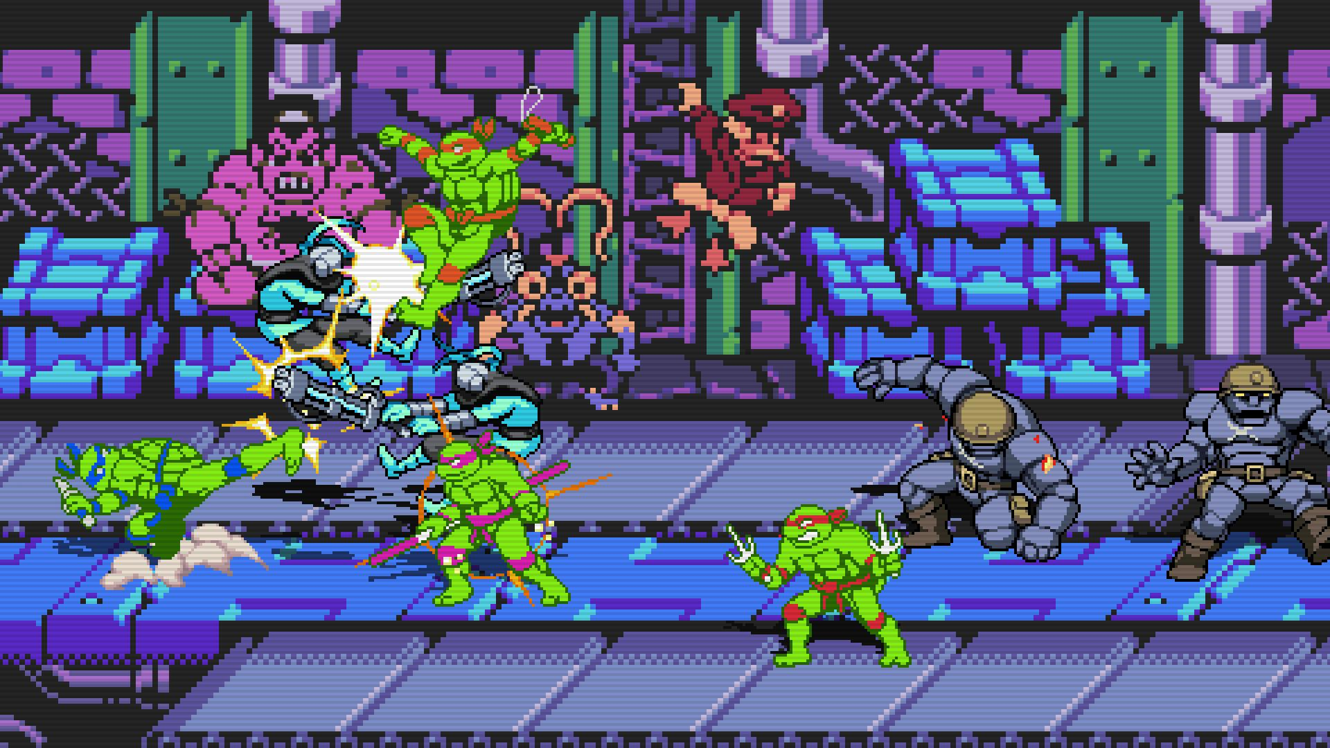 Teenage Mutant Ninja Turtles kämpfen in einer pixeligen, farbenfrohen Szene gegen Feinde. Charaktere sind in Aktion, mit einem lila und blauen Hintergrund.