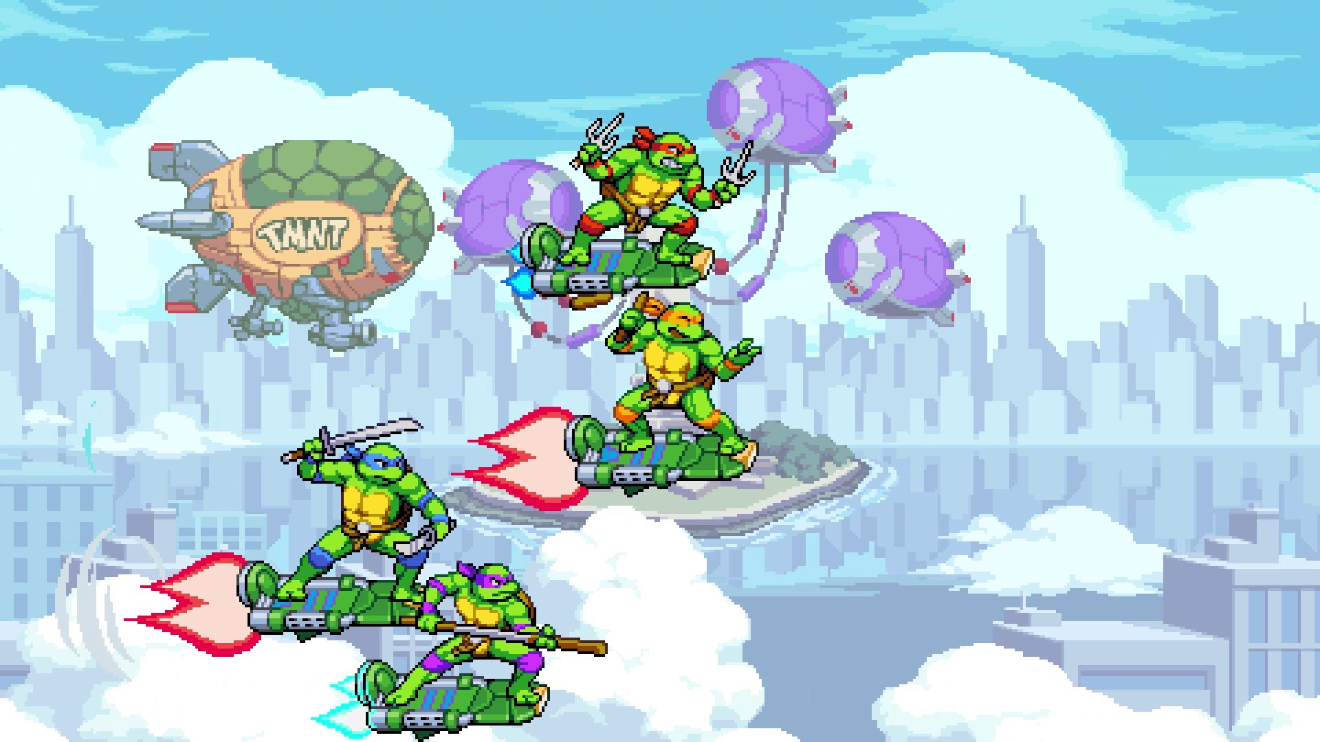 Teenage Mutant Ninja Turtles in Aktion. Sie fliegen auf Hoverboards vor einer Stadtlandschaft und einem Luftschiff.
