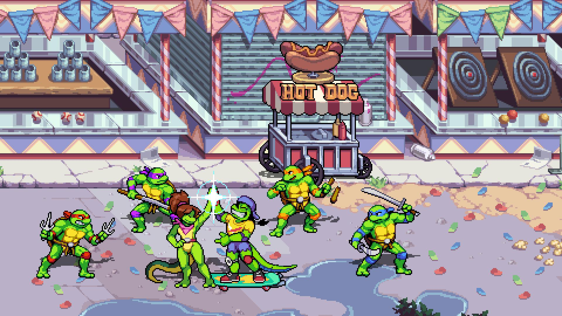 Teenage Mutant Ninja Turtles auf einem Jahrmarkt. Im Hintergrund ein Hotdog-Stand. Schildkröten in Aktion. Farbenfrohe Szene.