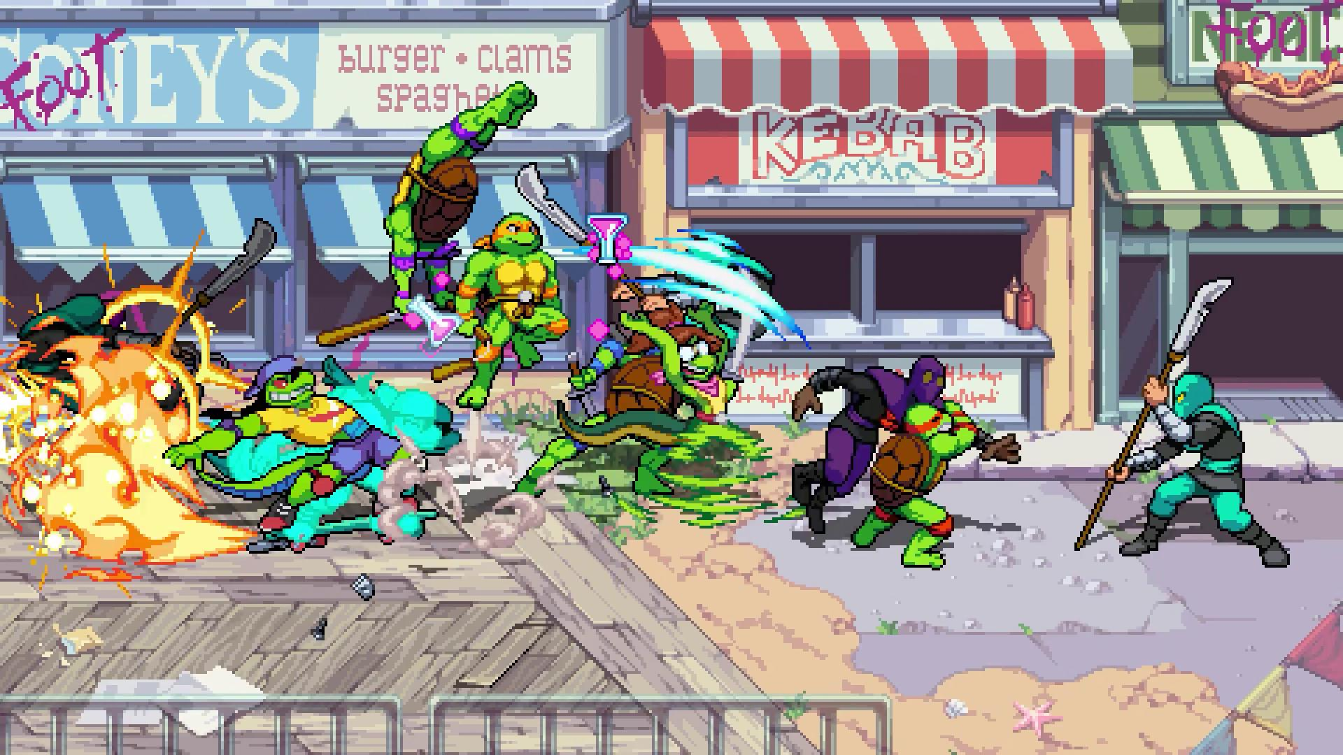 Teenage Mutant Ninja Turtles kämpfen an einer Strandpromenade. Charaktere sind in Aktion. Geschäfte und ein Hotdog-Stand sind im Hintergrund.