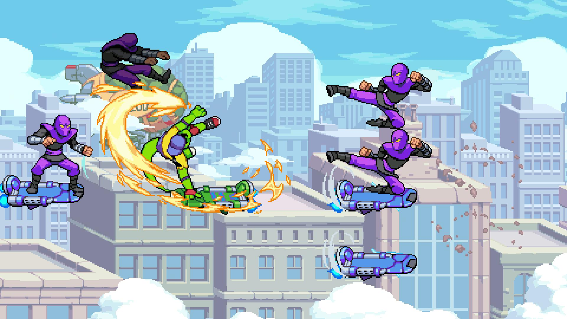 Pixelige Szene von Charakteren auf Hoverboards, die in einer Stadt kämpfen. Farbenfrohe Action mit Energieeffekten und detaillierten Hintergründen.