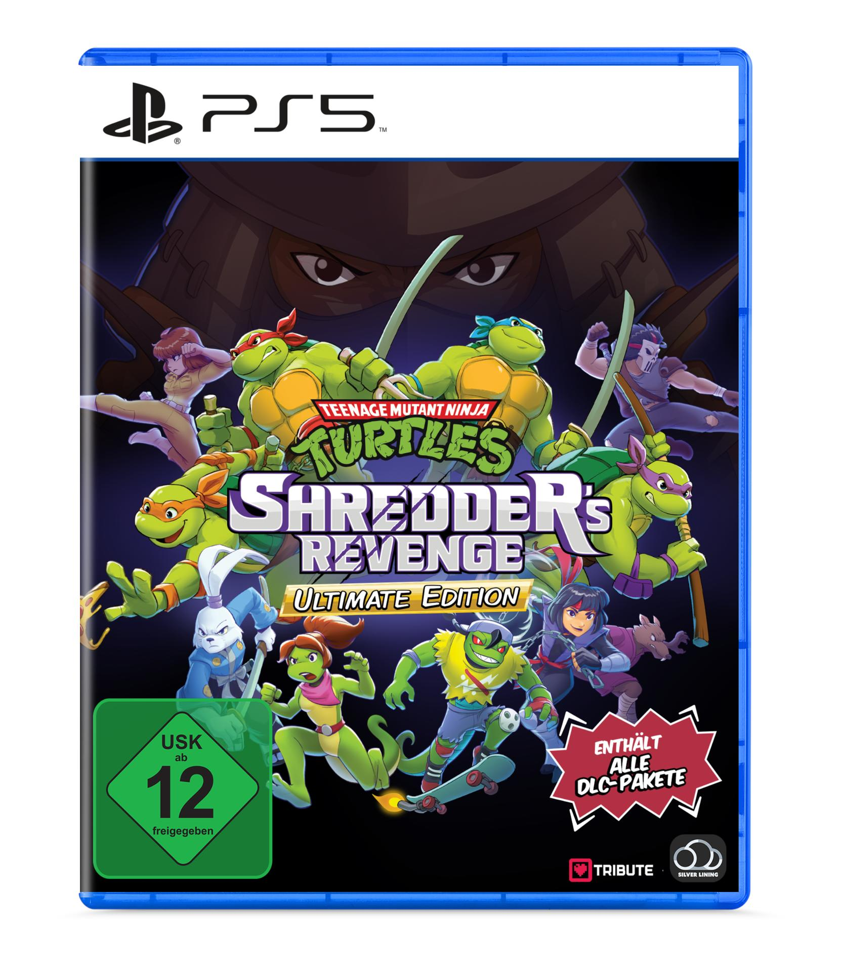 PS5-Spielcover. Teenage Mutant Ninja Turtles Shredder's Revenge zeigt Schildkröten, April und Feinde in Action-Posen.