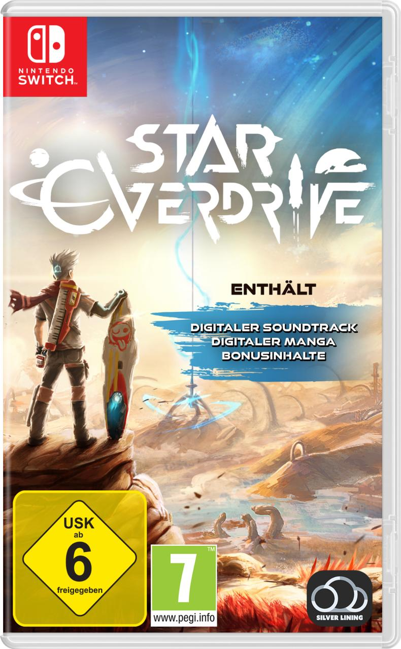 Spielcover. Eine Figur hält ein surfbrettähnliches Objekt. Der Titel lautet 'Star Overdrive'. Enthält digitalen Soundtrack und Manga.