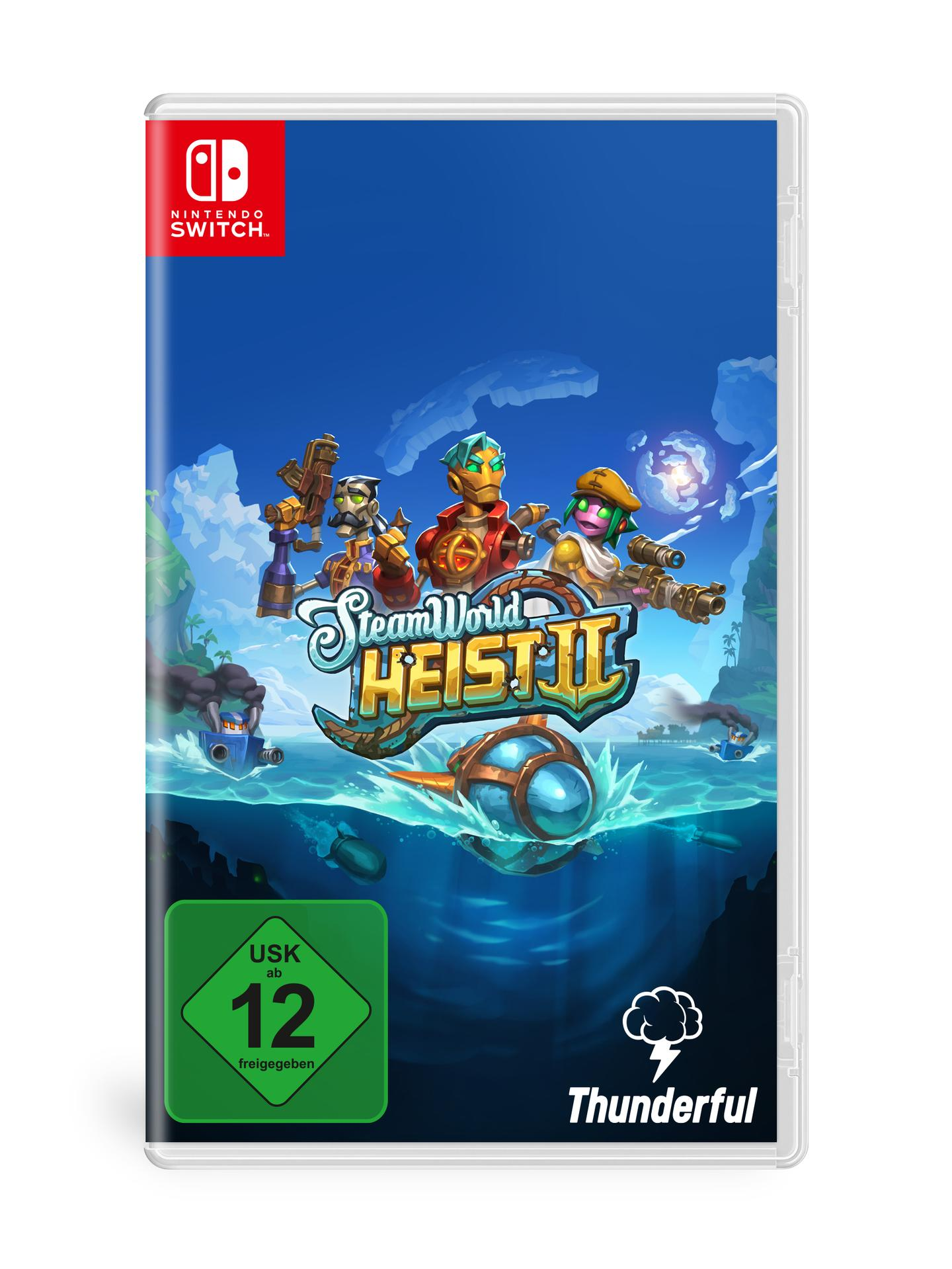 Spielcover für SteamWorld Heist II, Switch. Charaktere im Wasser, Titel in der Mitte, Bewertung unten, Nintendo Switch Logo oben.