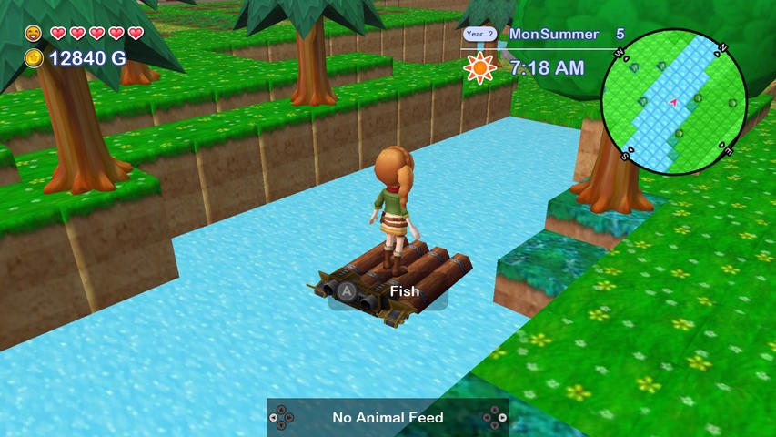 Eine Person auf einem Floß in einem Fluss in einem Videospiel. Die Szene spielt in einer üppigen, grünen Umgebung.