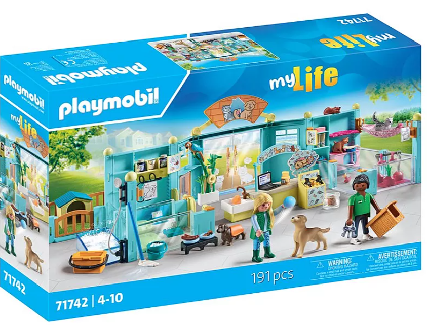 Eine Playmobil myLife-Set-Box. Es zeigt eine Tierklinik mit Figuren von Menschen und Tieren, einem Hund, einer Katze und anderem Zubehör.