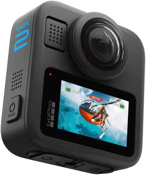 Fekete GoPro Max 2 kamera. A képernyő egy helikoptert mutat repülés közben a víz felett. A kamerának két lencséje és egy be/ki gombja van.