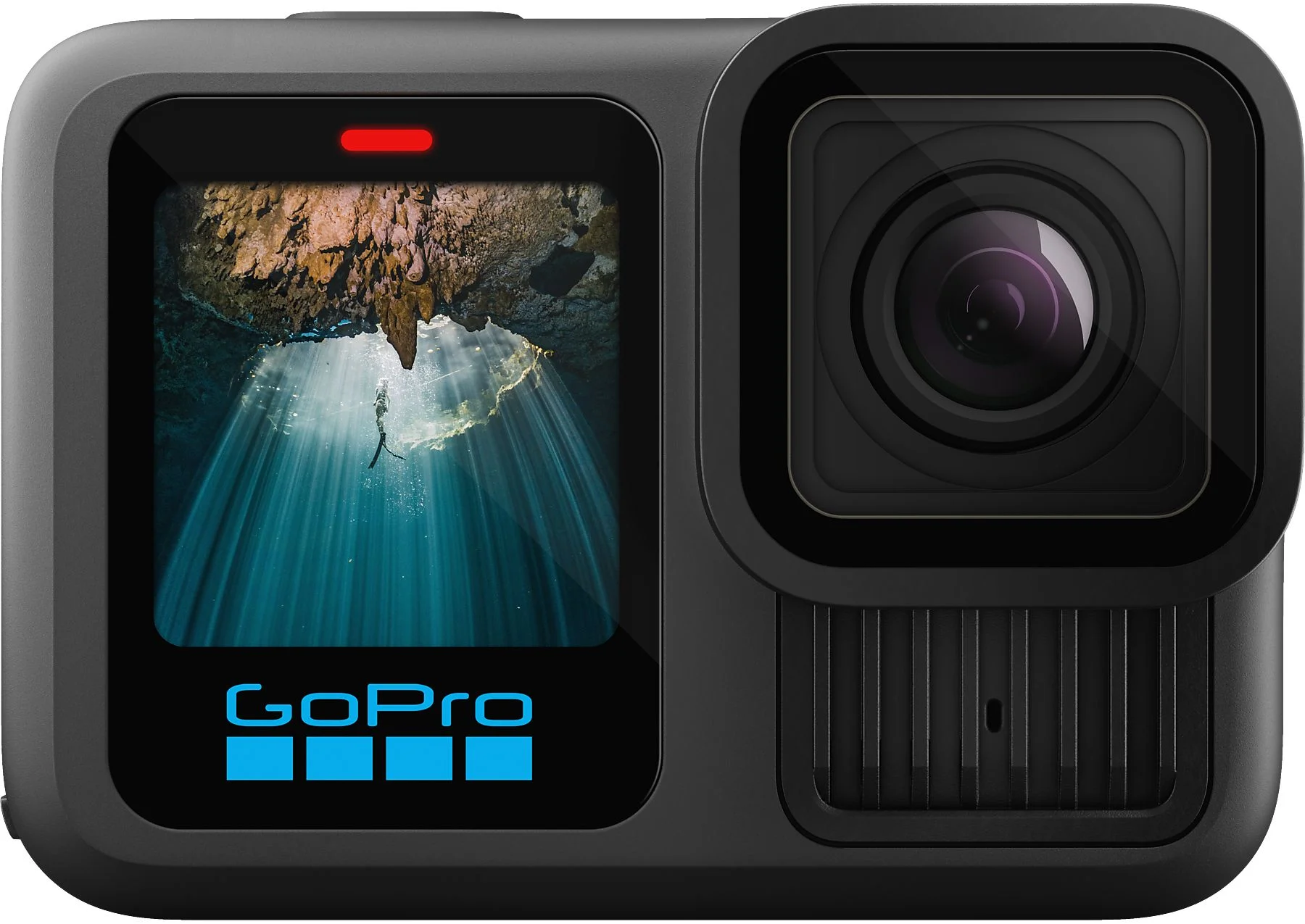 Fekete GoPro kamera. A képernyőn egy búvár látható egy barlangban fénysugarakkal. A GoPro logó látható.