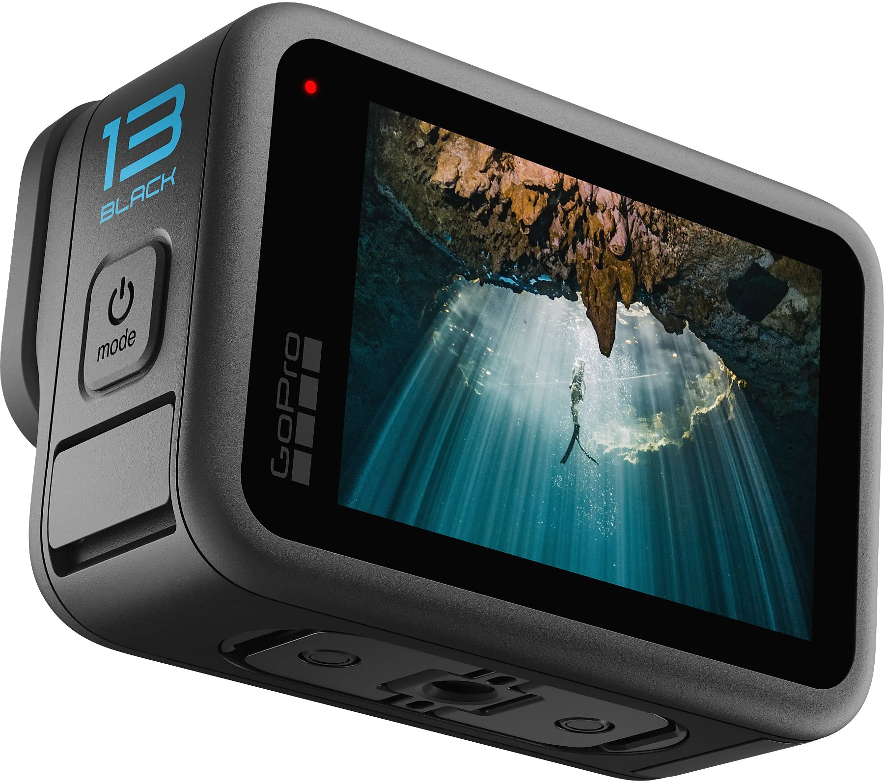 A GoPro 13 Black kamera egy búvárt mutat vízben, egy piros lámpa világít. A kamera fekete, kék felirattal.
