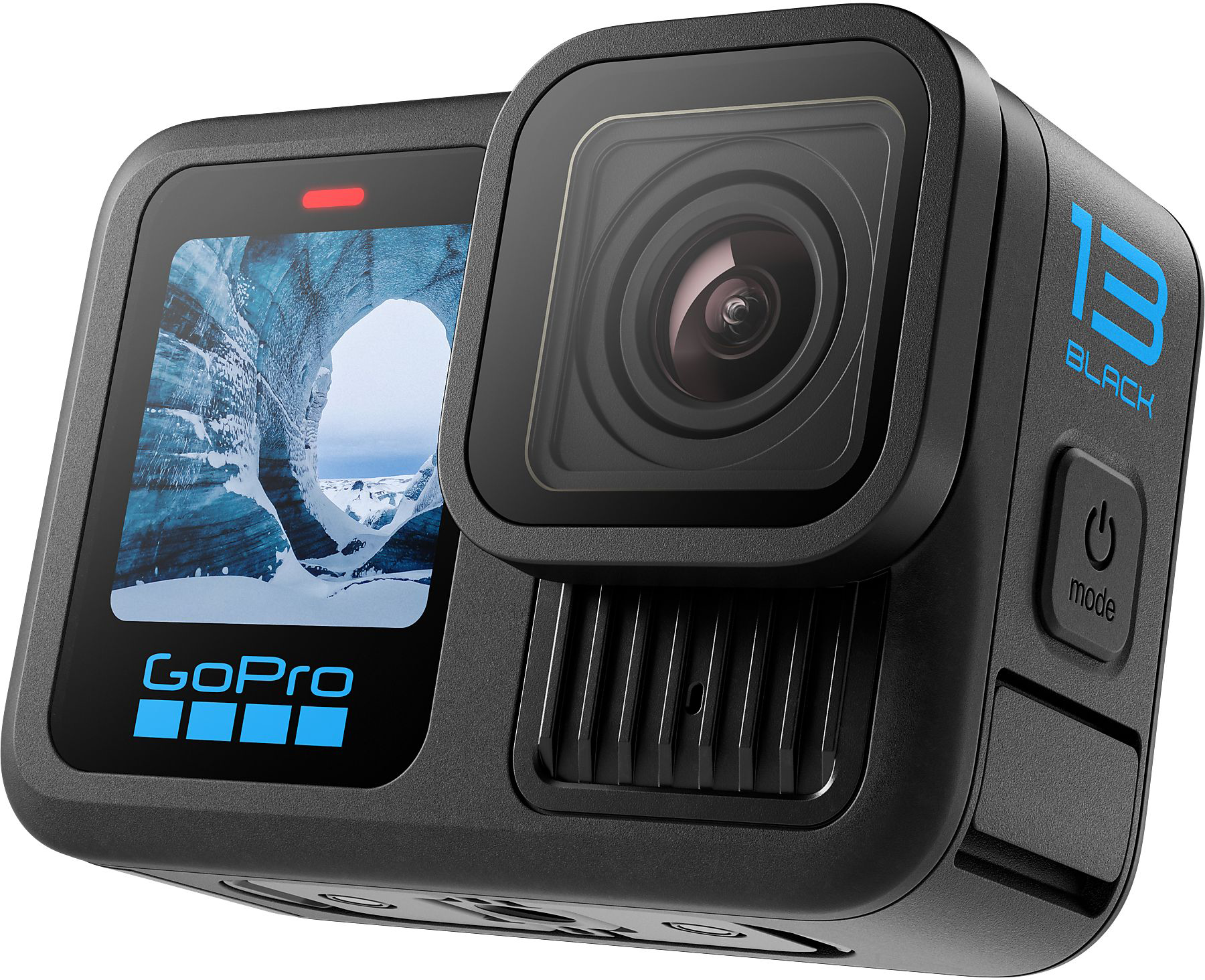 Fekete GoPro kamera. A képernyőn kék jéggel borított táj látható. A 'GoPro' logó látható. A '13 Black' felirat a szélén.
