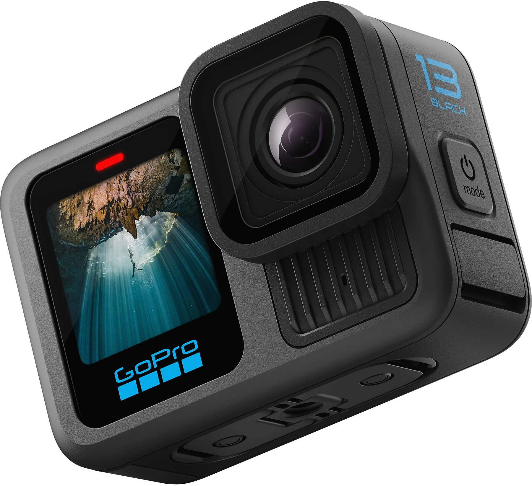 Egy fekete GoPro kamera, a képernyőn egy víz alatti jelenet látható. A kamerán lencse és bekapcsológomb található.