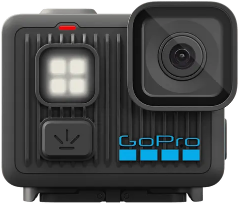 Egy fekete GoPro kamera lencsével, fénnyel és gombokkal. A GoPro logója kék. Téglalap alakú.