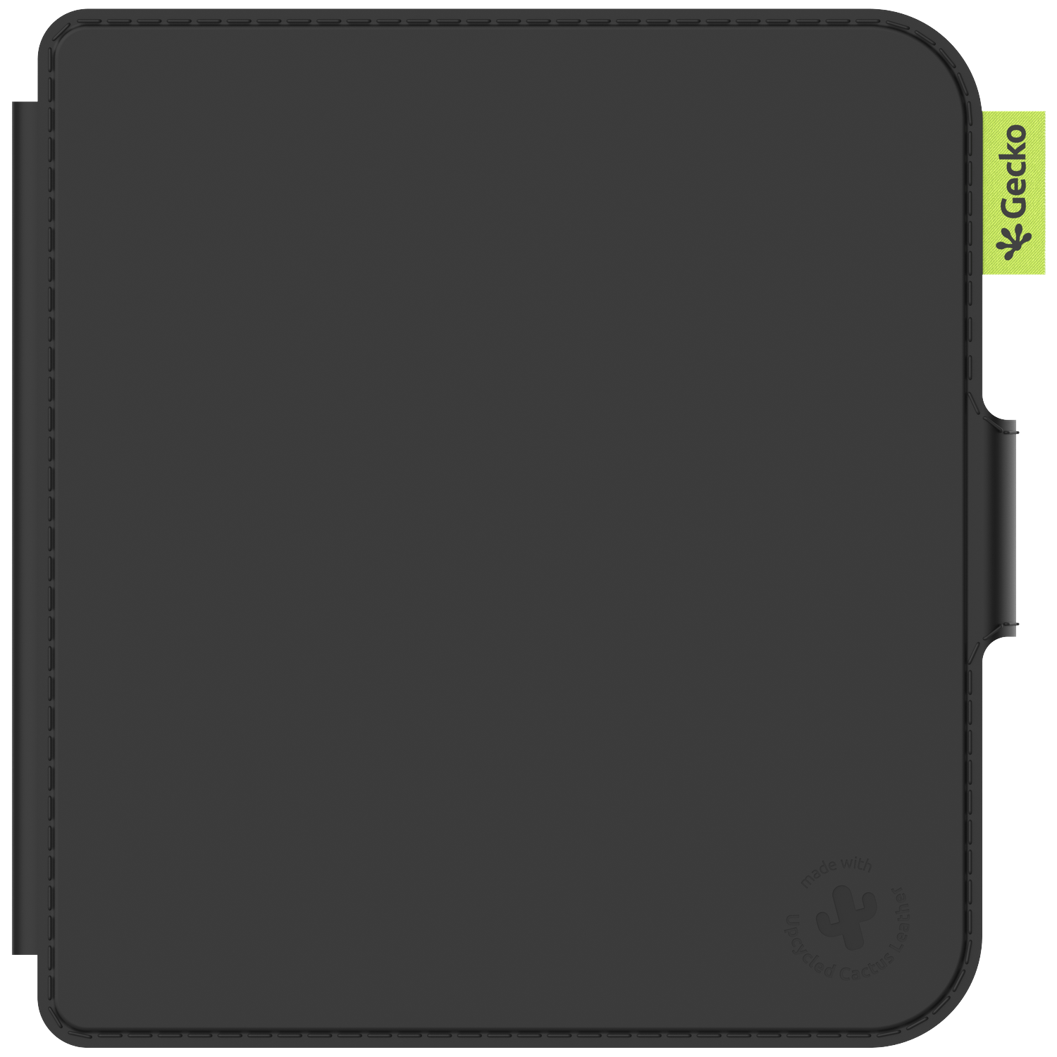 Black tablet case. Features a green tag with the 'Gecko' logo. Made with recycled cactus leather, with stitching around the edges.
