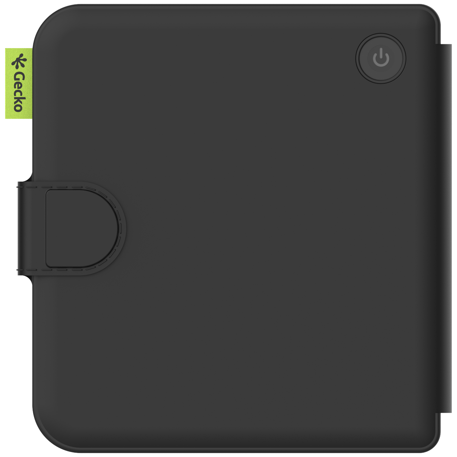 A black tablet-like device with a power button. A green tag with the Gecko logo is on the left. A flap is on the left.