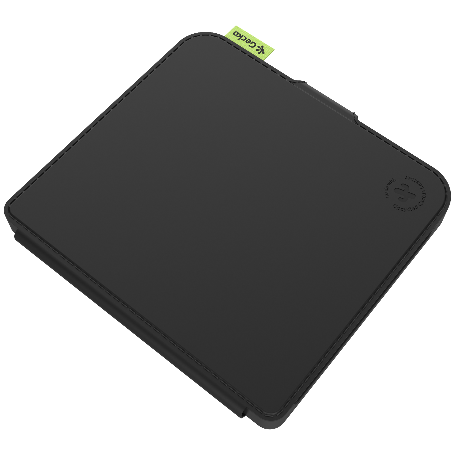 A black tablet case with a green Gecko tag, made with upcycled cactus leather. The case is square with stitched edges.