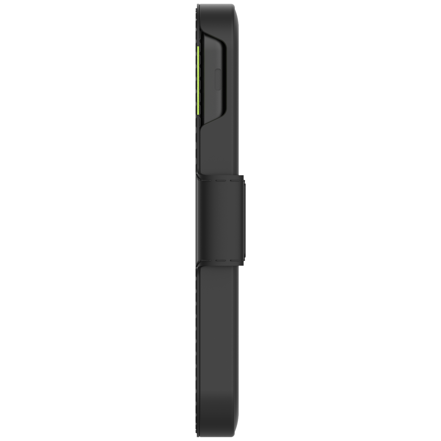 A black phone case with a green accent is shown from the side. It has a strap and a textured surface for grip.