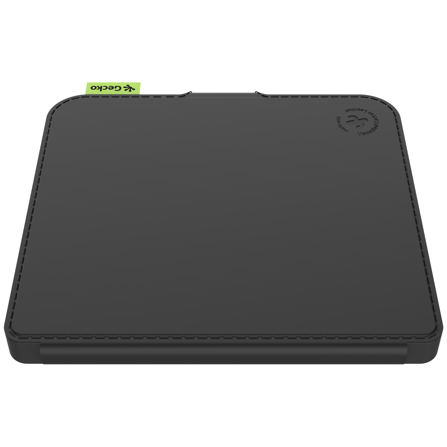 A black rectangular case with a green Gecko tag. It is made of recycled cactus leather.