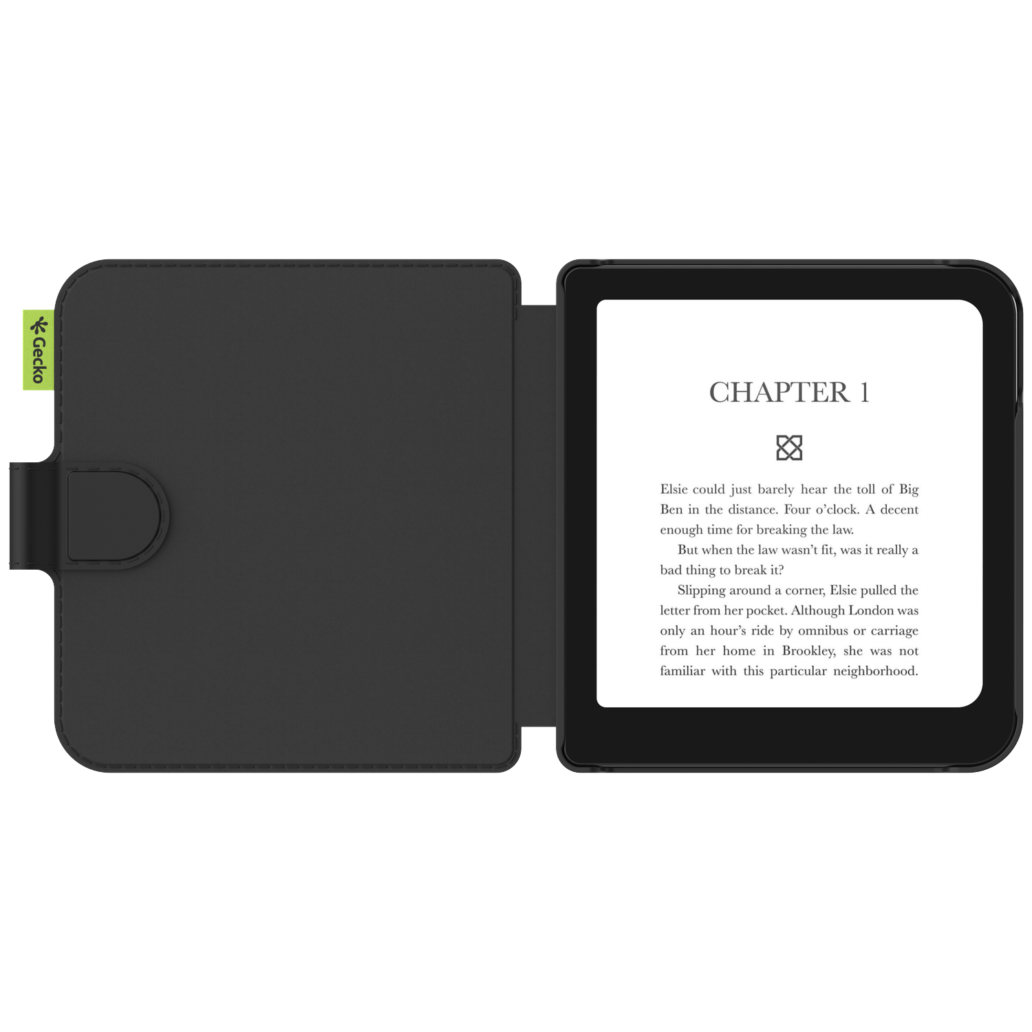 A black e-reader in a folio case is open, displaying text from a chapter. The case is black, with a green 'Gecko' logo.