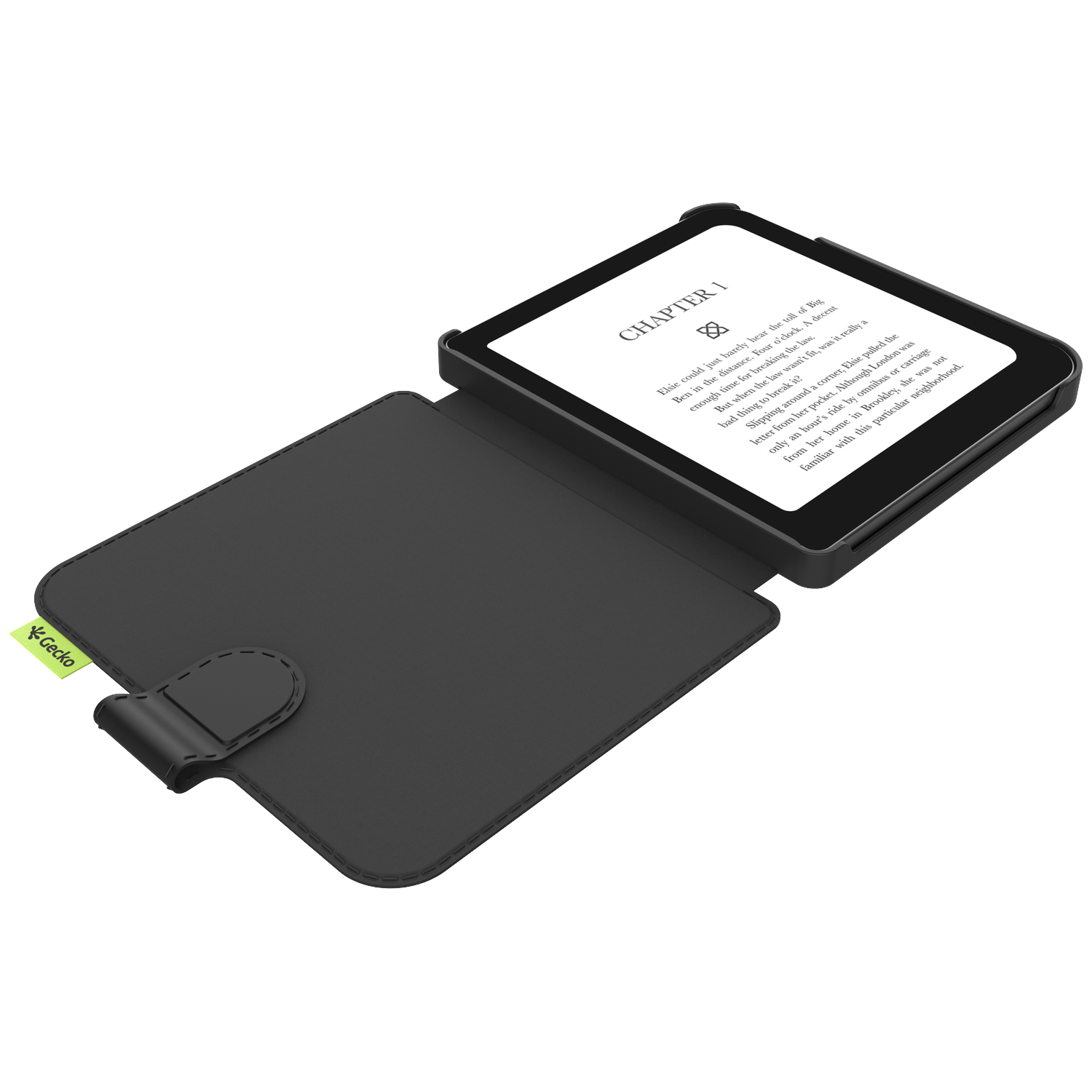 A black e-reader with a black case is open, displaying text. A Gecko label is on the case.