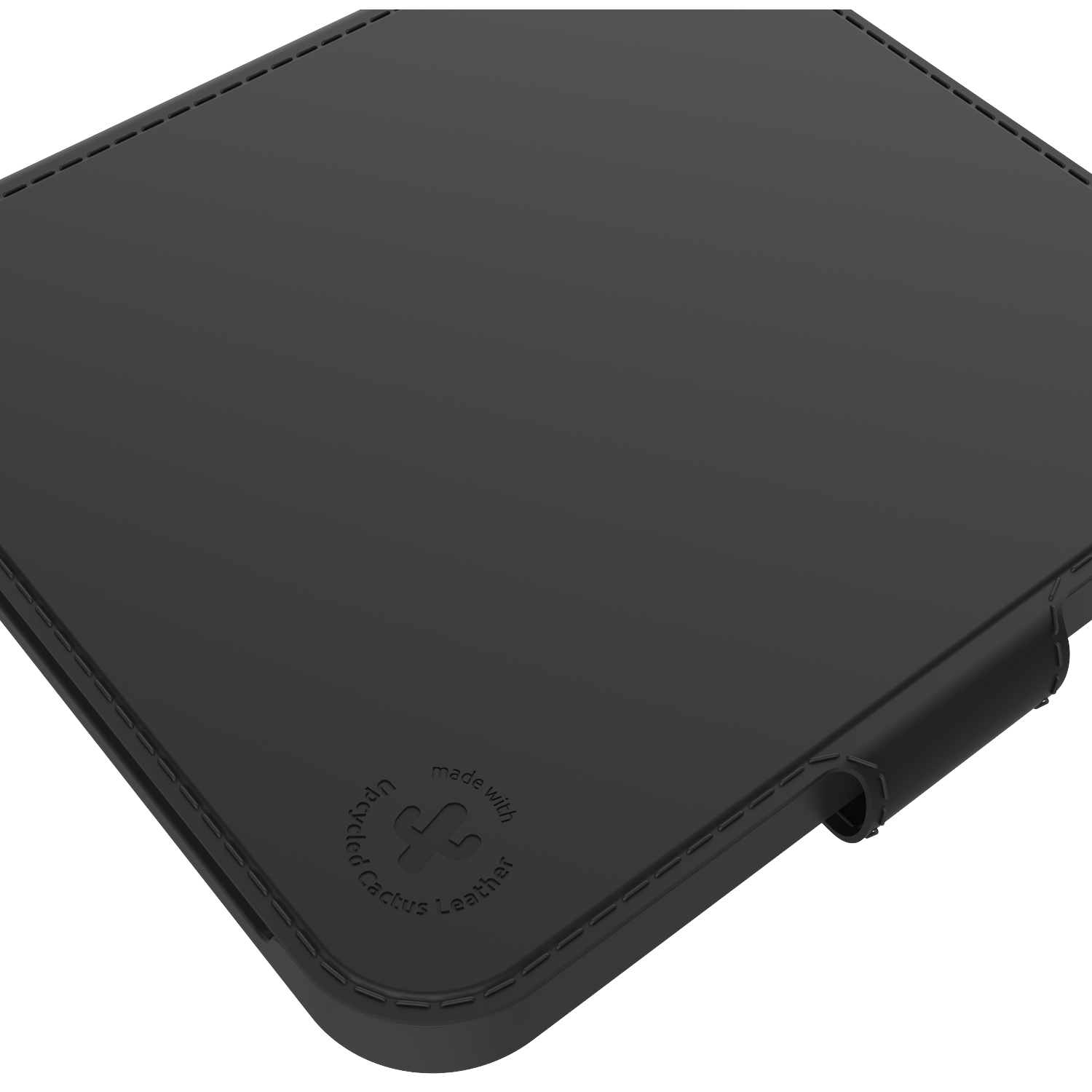 A black square object with stitching around the edges. It has text and a logo that says 'made with upcycled cactus leather'.