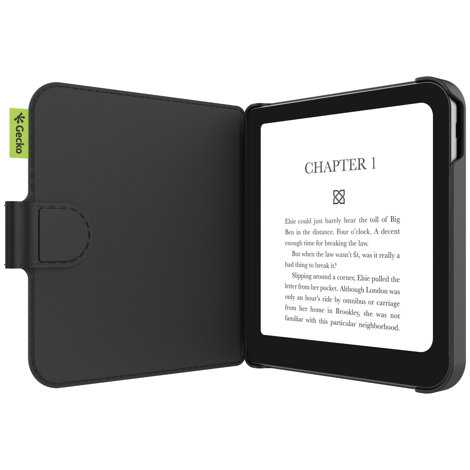 A black e-reader with an open cover displays text. The cover has a green 'Gecko' logo. The screen shows 'Chapter 1' and text.