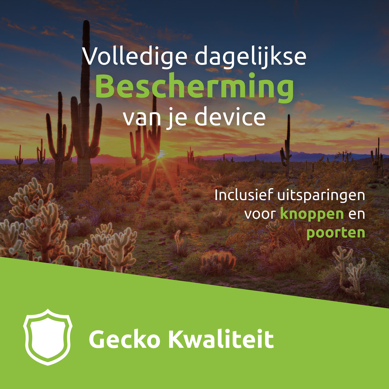 Desert landscape with cacti and sunset. Text in Dutch promoting device protection, with a Gecko logo.