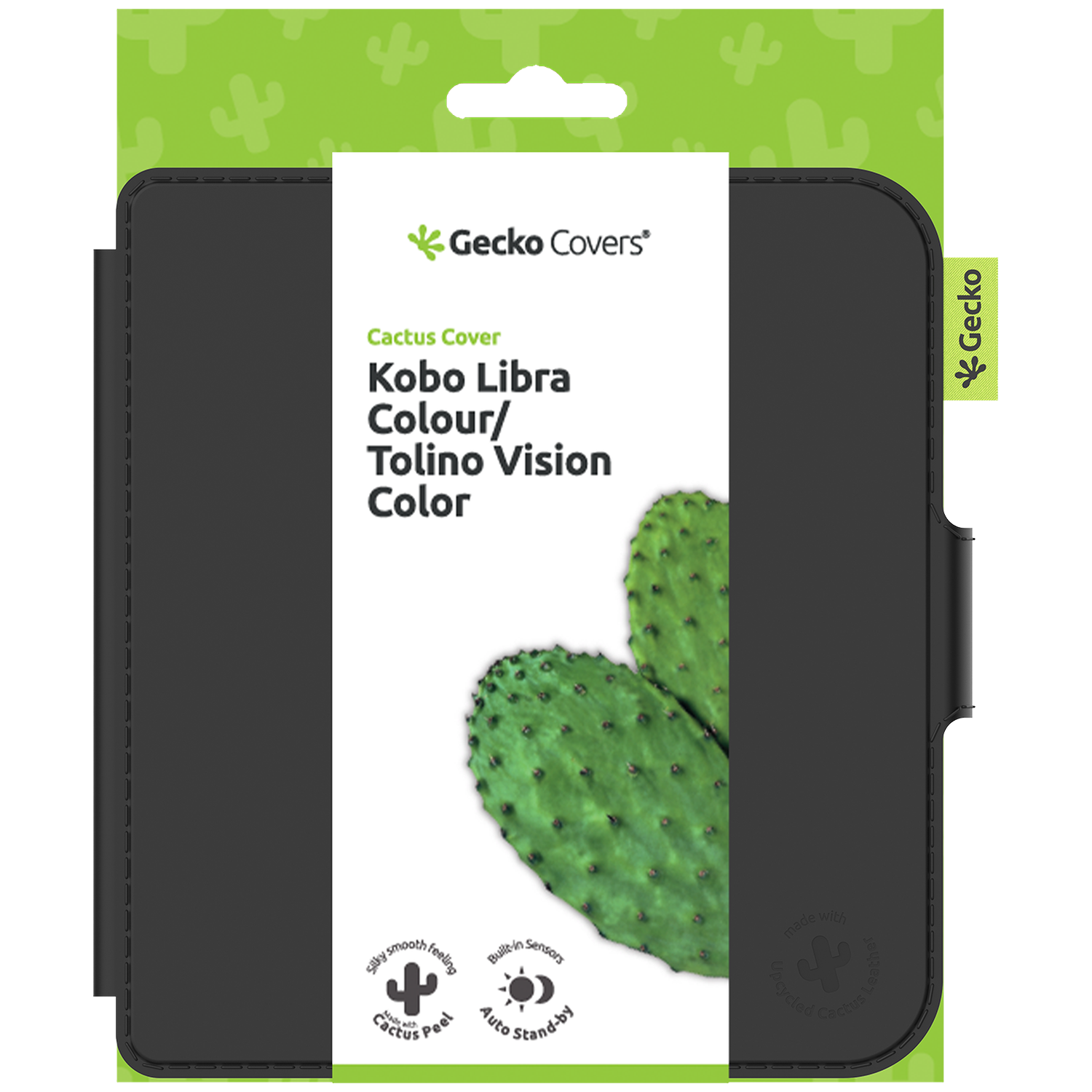A black Gecko Covers case for Kobo Libra, Tolino Vision, with a cactus image and green accents. Contains text and logos.