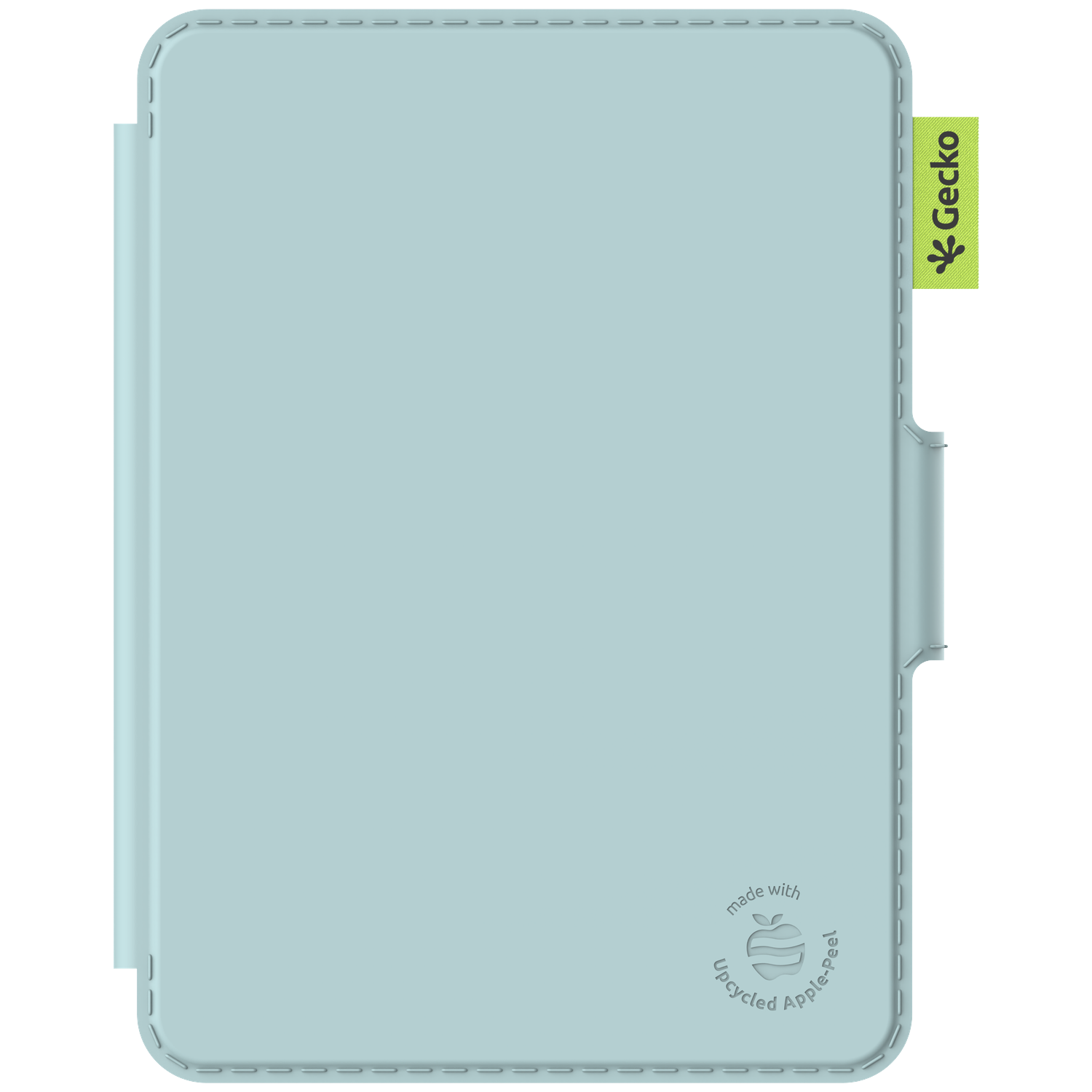 A light blue tablet case with a green Gecko tag on the side. Features the words 'made with upcycled apple peel'.