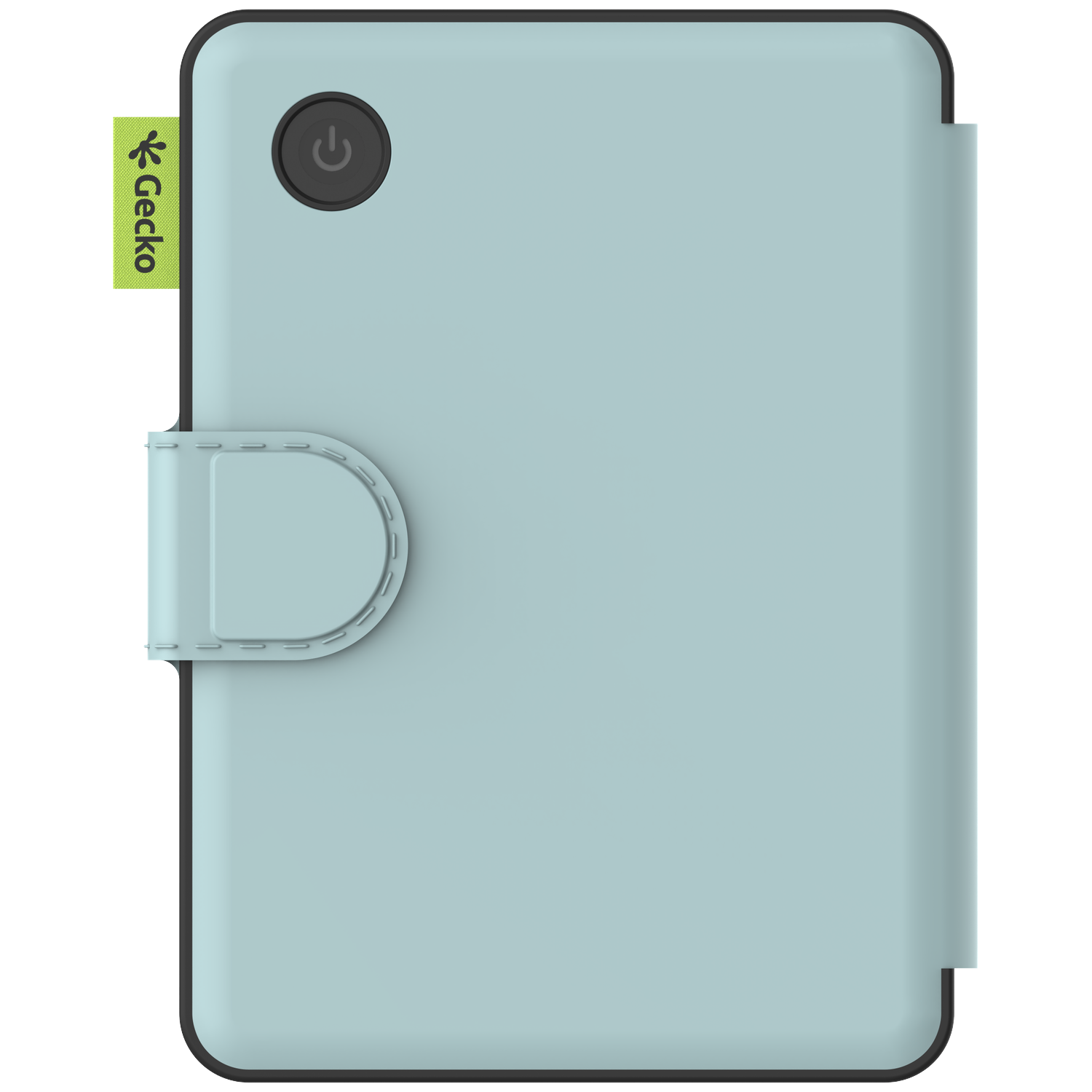 A light blue tablet with a black frame and a power button. It has a cover with a strap. A Gecko tag is on the side.