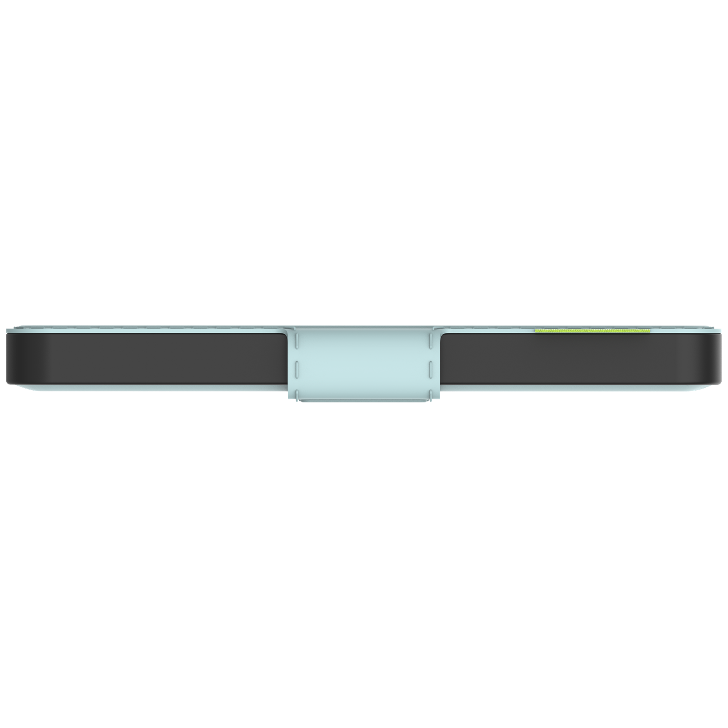 A device with a black top and bottom, light blue sides, and a light blue center. A yellow line is visible on the top.