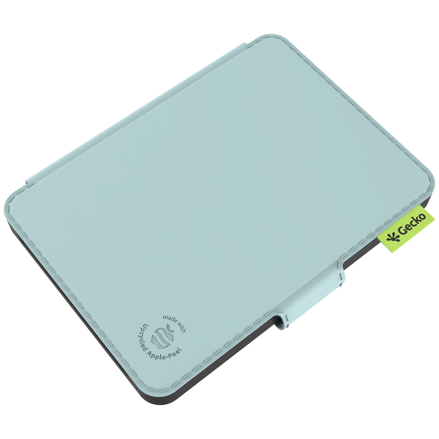 A light blue tablet case with stitching, a green Gecko tag, and an Apple logo. The case is made with upcycled Apple-peel.