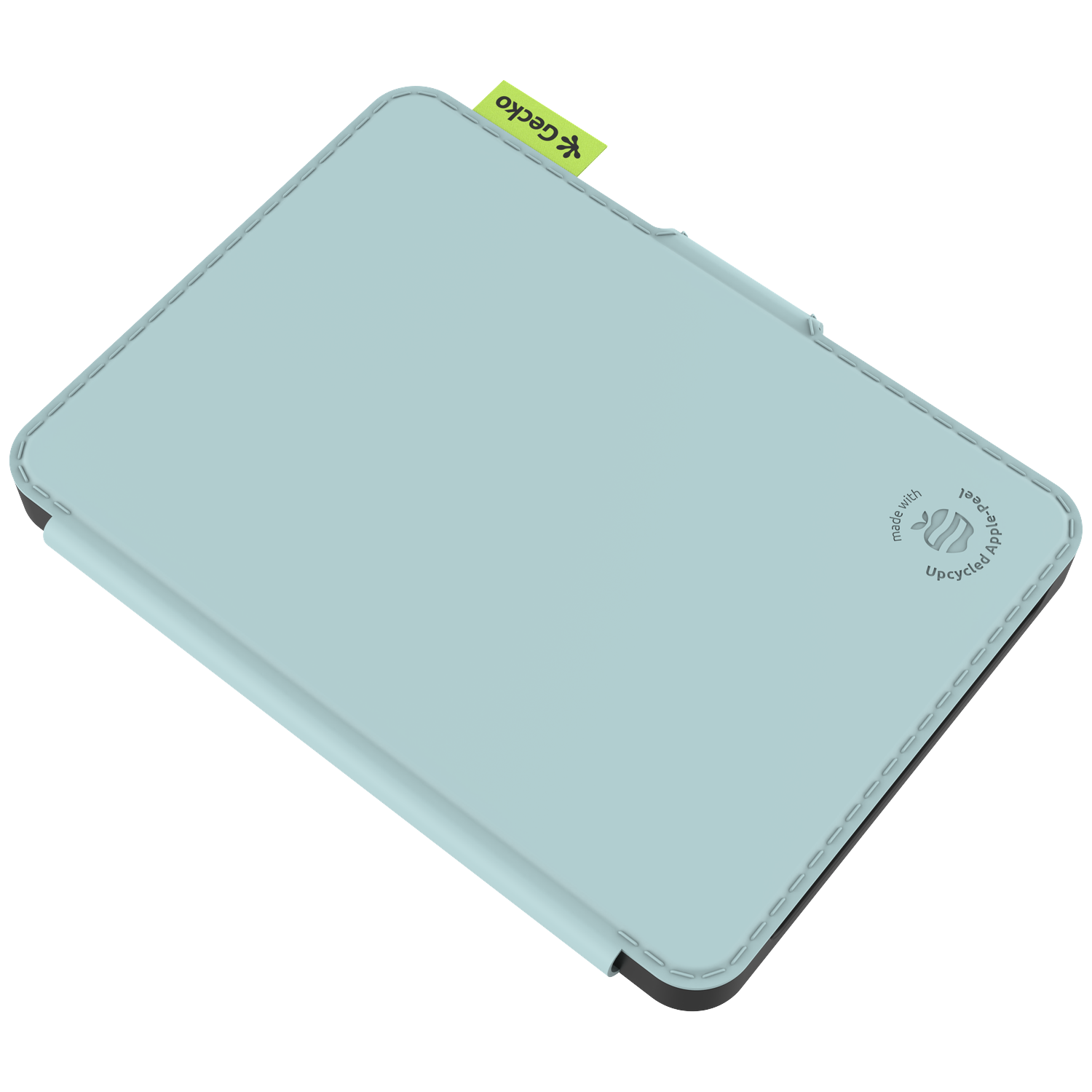 A light blue tablet case with a green tag that says Gecko. The case is made with upcycled apple peel.