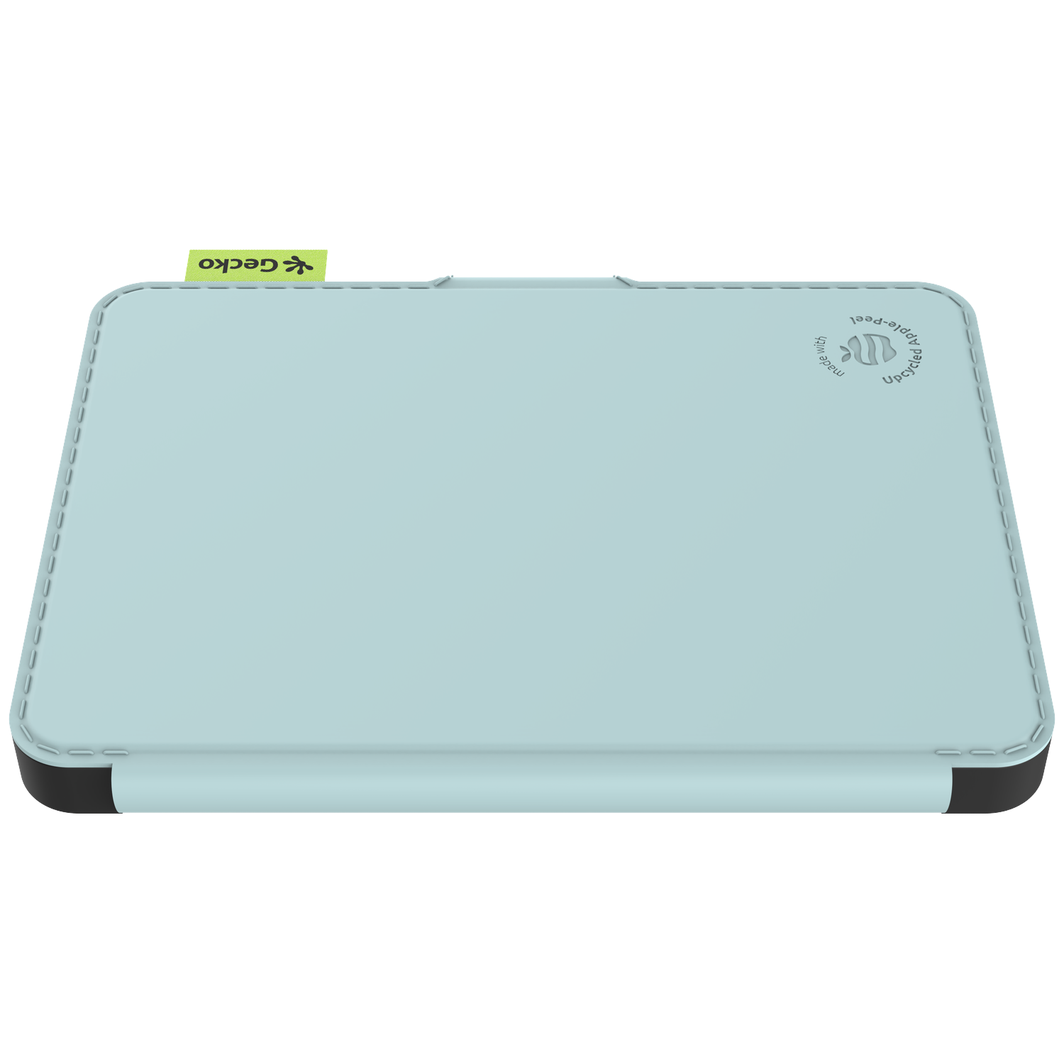 A light blue tablet case with a black border. Features a Gecko logo and 'Apple-Peel' text. Stitched edges and a white background.